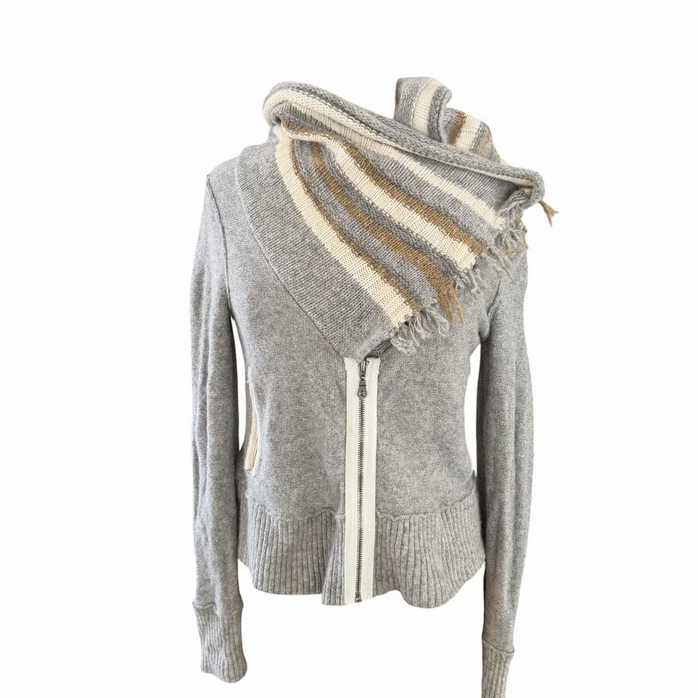 Free People Sweater Small Faux Scarf  Cowl Neck Gray Wool Zip Crop Jacket Knit
